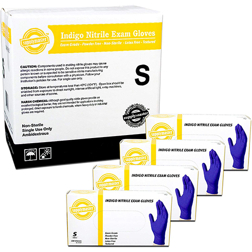 SupplyMaster Indigo Nitrile Exam Disposable Gloves - 4 Mil, Powder Free, Non-Sterile, Latex Free, Textured, Ambidextrous, Small, Pack of 400 - SMINE4S